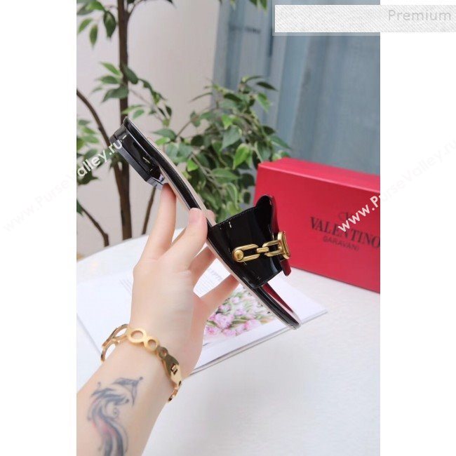 Valentino Patent Leather Vlogo Chain Flat Slide Sandals Black 2019 (MD-9110116)