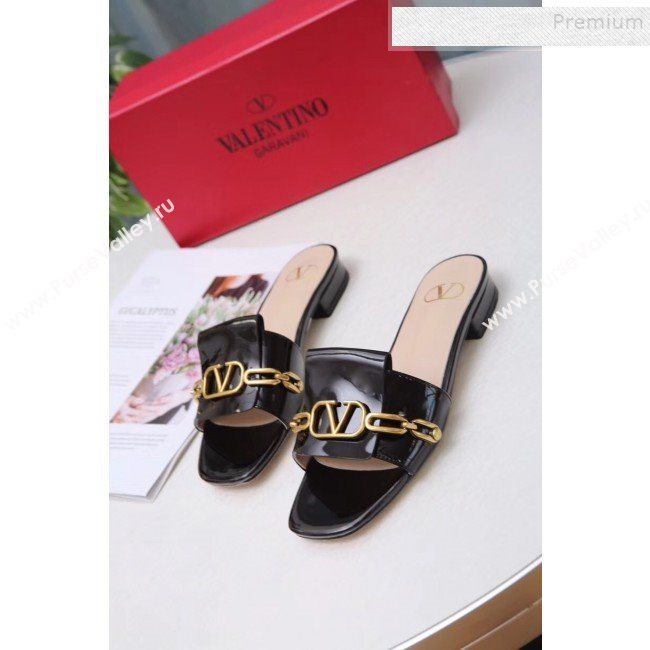 Valentino Patent Leather Vlogo Chain Flat Slide Sandals Black 2019 (MD-9110116)