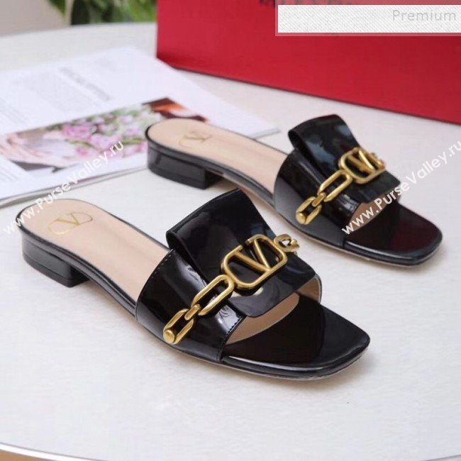 Valentino Patent Leather Vlogo Chain Flat Slide Sandals Black 2019 (MD-9110116)