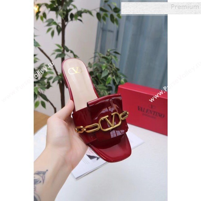 Valentino Patent Leather Vlogo Chain Flat Slide Sandals Burgundy 2019 (MD-9110117)