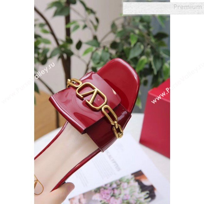 Valentino Patent Leather Vlogo Chain Flat Slide Sandals Burgundy 2019 (MD-9110117)