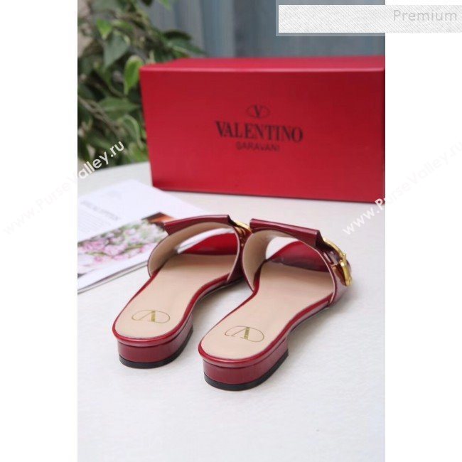 Valentino Patent Leather Vlogo Chain Flat Slide Sandals Burgundy 2019 (MD-9110117)