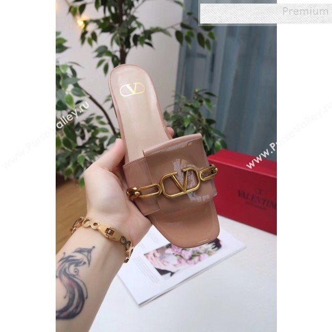 Valentino Patent Leather Vlogo Chain Flat Slide Sandals Khaki 2019 (MD-9110119)
