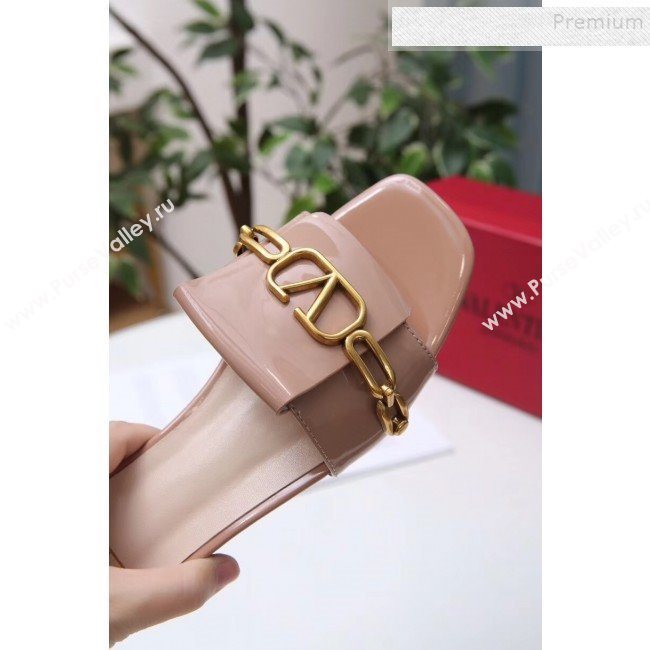 Valentino Patent Leather Vlogo Chain Flat Slide Sandals Khaki 2019 (MD-9110119)