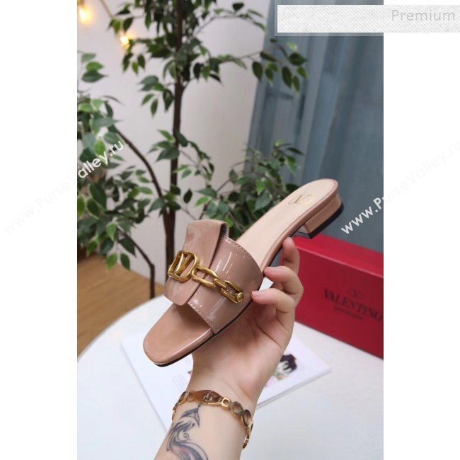 Valentino Patent Leather Vlogo Chain Flat Slide Sandals Khaki 2019 (MD-9110119)