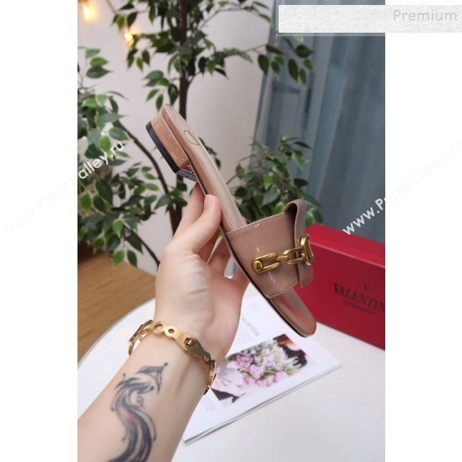 Valentino Patent Leather Vlogo Chain Flat Slide Sandals Khaki 2019 (MD-9110119)