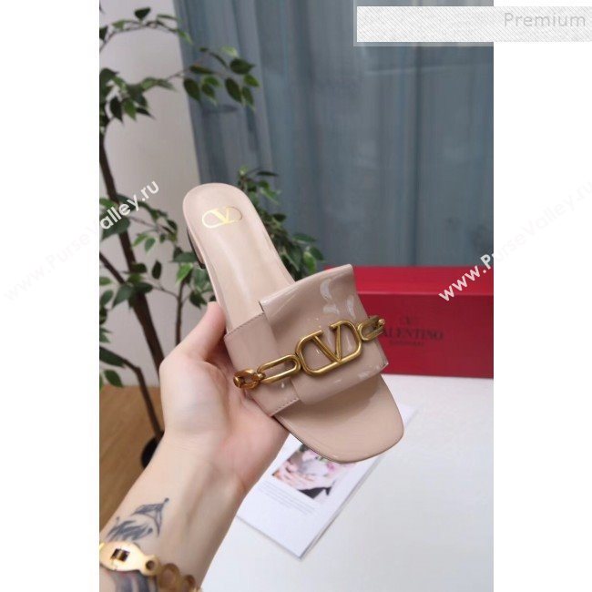 Valentino Patent Leather Vlogo Chain Flat Slide Sandals Apricot 2019 (MD-9110120)