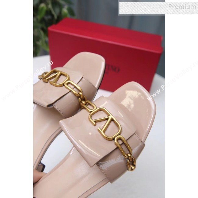 Valentino Patent Leather Vlogo Chain Flat Slide Sandals Apricot 2019 (MD-9110120)