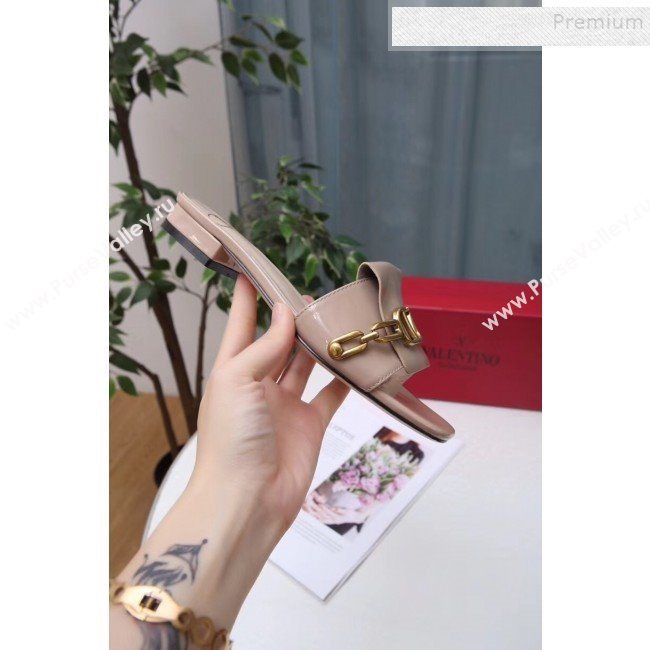 Valentino Patent Leather Vlogo Chain Flat Slide Sandals Apricot 2019 (MD-9110120)