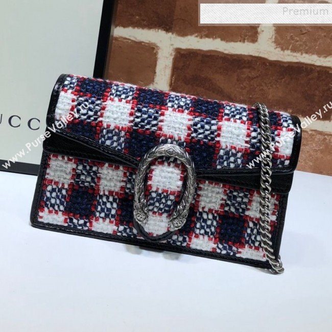 Gucci Dionysus Check Tweed Super Mini Bag 476432 Blue/White/Red 2019 (DLH-9110525)