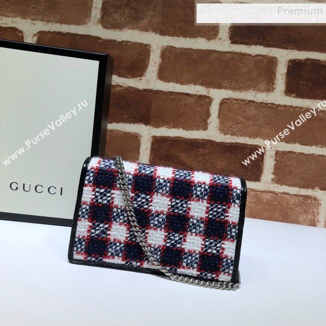 Gucci Dionysus Check Tweed Super Mini Bag 476432 Blue/White/Red 2019 (DLH-9110525)