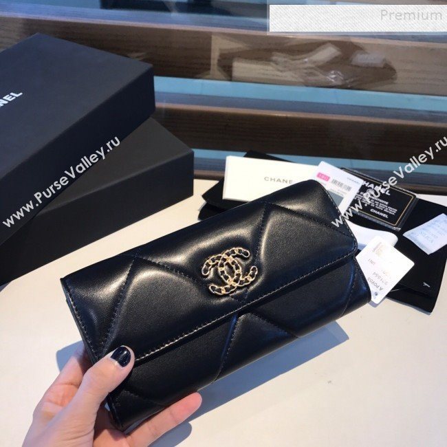Chanel 19 Goatskin Long Flap Wallet AP0955 Black 2019 (A77-9110535)