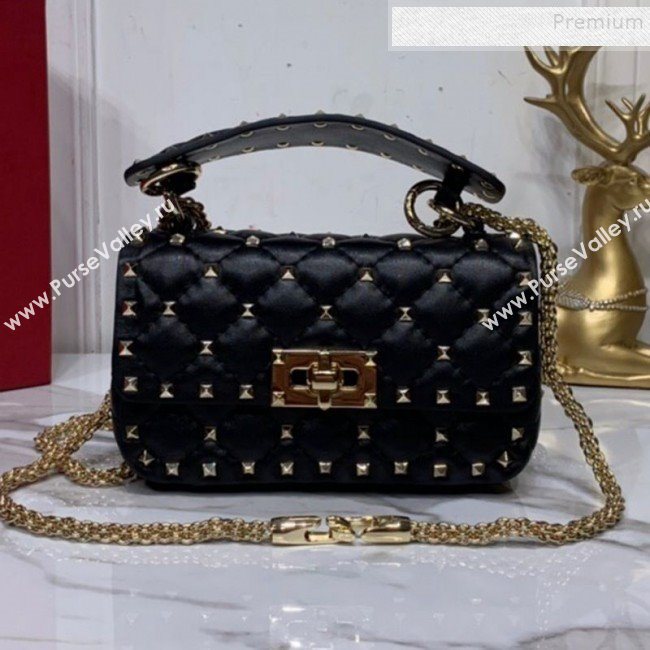 Valentino Rockstud Spike Soft Crinkle Lambskin Small Bag 0124 Black/Gold 2019 (XYD-9110549)