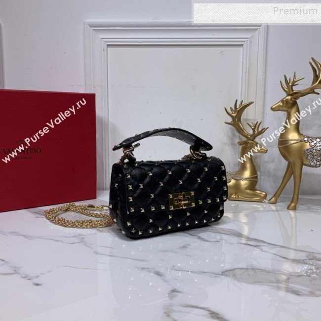 Valentino Rockstud Spike Soft Crinkle Lambskin Small Bag 0124 Black/Gold 2019 (XYD-9110549)
