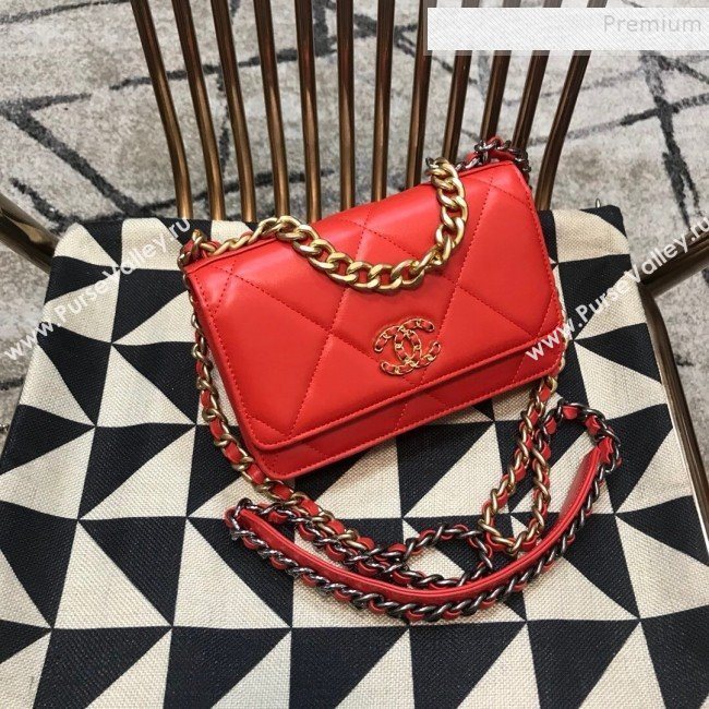 Chanel 19 Quilted Goatskin Wallet on Chain WOC AP0957 Bright Red 2019 (JDH-9110403)