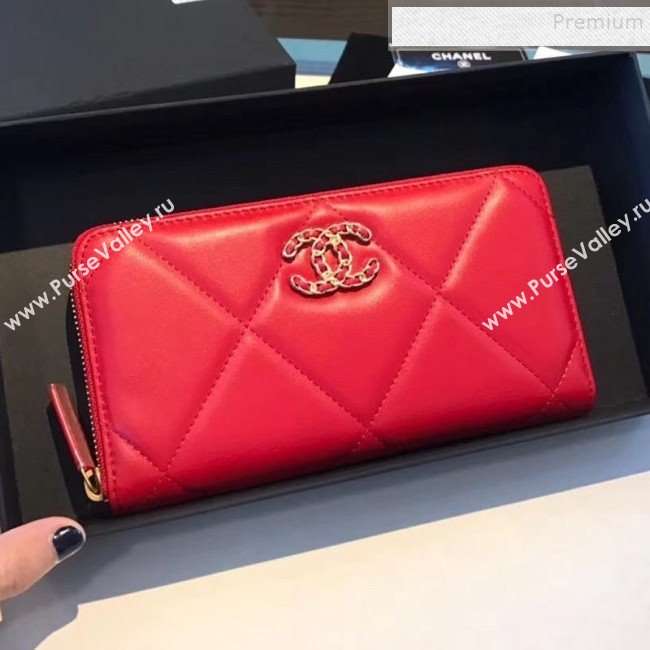 Chanel 19 Goatskin Long Zipped Wallet AP1063 Cerise Red 2019 (KAIS-9110725)