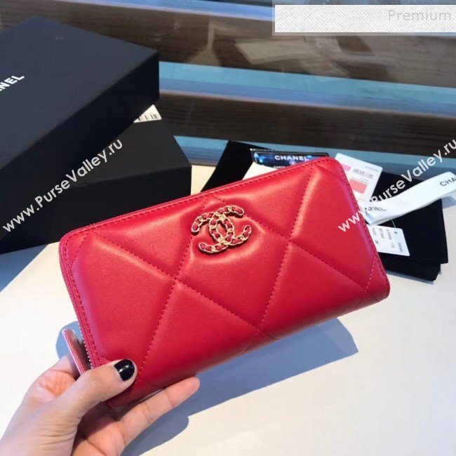 Chanel 19 Goatskin Long Zipped Wallet AP1063 Cerise Red 2019 (KAIS-9110725)