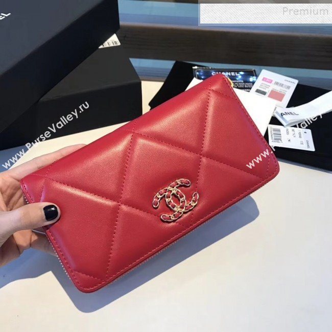 Chanel 19 Goatskin Long Zipped Wallet AP1063 Cerise Red 2019 (KAIS-9110725)