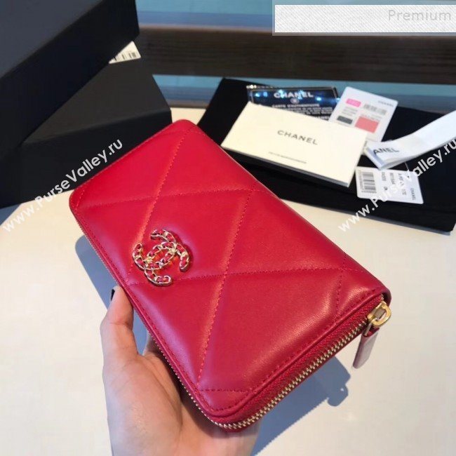 Chanel 19 Goatskin Long Zipped Wallet AP1063 Cerise Red 2019 (KAIS-9110725)
