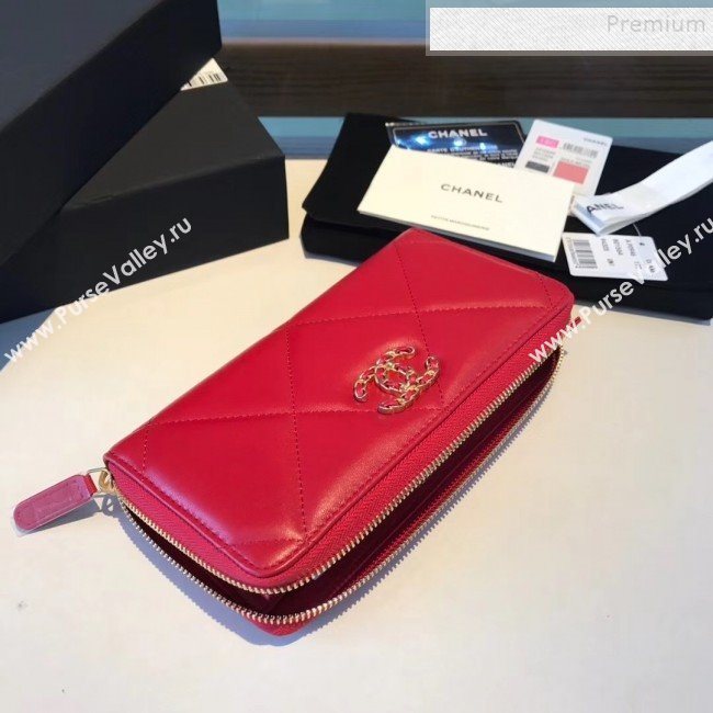 Chanel 19 Goatskin Long Zipped Wallet AP1063 Cerise Red 2019 (KAIS-9110725)