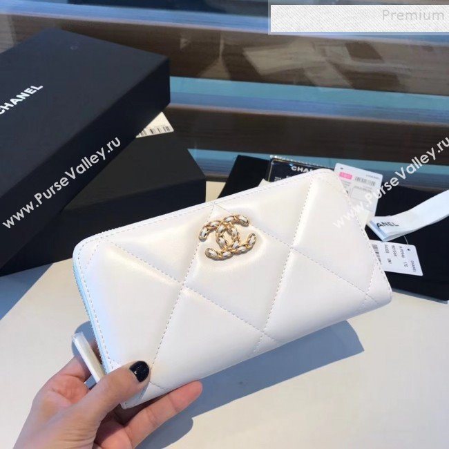 Chanel 19 Goatskin Long Zipped Wallet AP1063 White 2019 (KAIS-9110728)