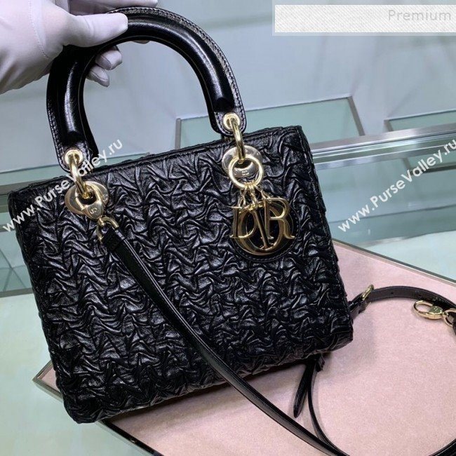 Dior Lady Dior Medium Bag in Pleated Wave Leather Black 2019 (XYD-9110825)