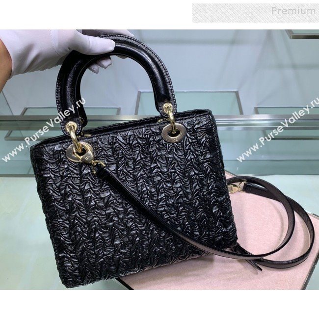 Dior Lady Dior Medium Bag in Pleated Wave Leather Black 2019 (XYD-9110825)