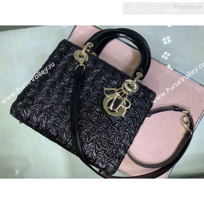 Dior Lady Dior Medium Bag in Pleated Wave Leather Black 2019 (XYD-9110825)