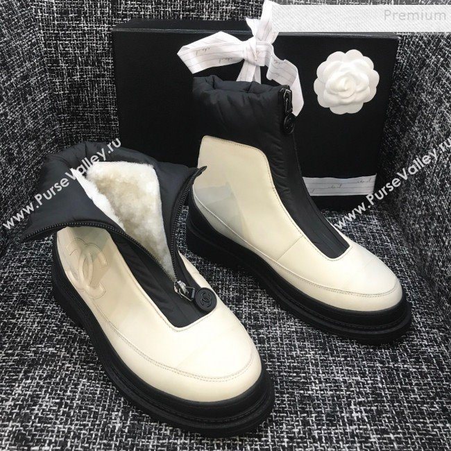 Chanel Calfskin Wool Zip Flat Short Boots White 2019 (ANDI-9110632)