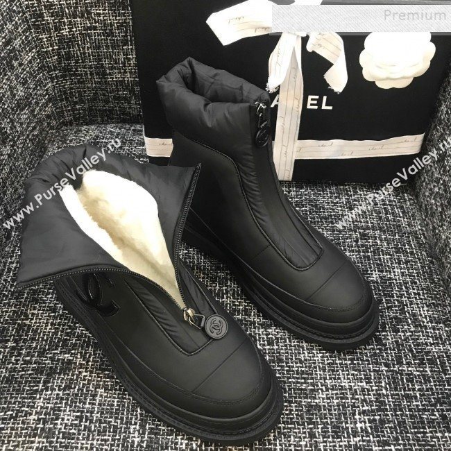 Chanel Calfskin Wool Zip Flat Short Boots Black 2019 (ANDI-9110633)