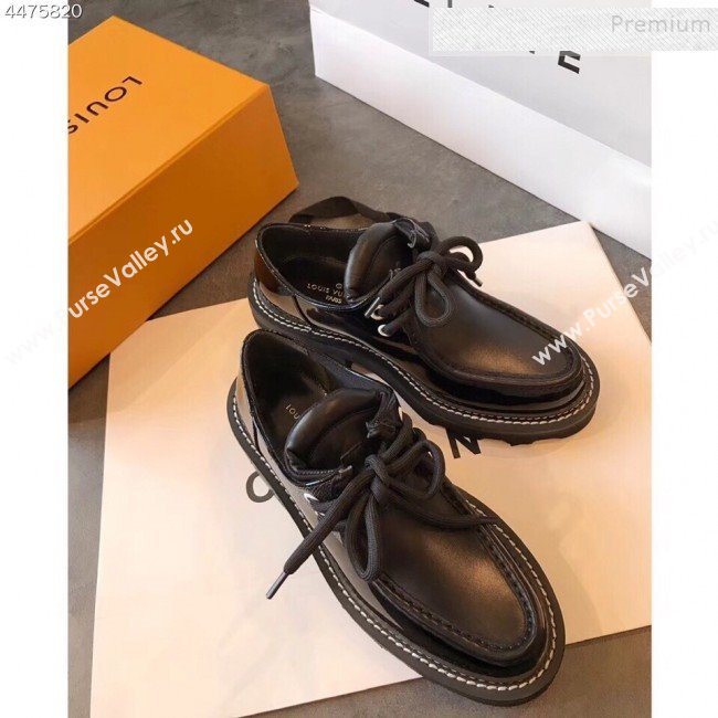 Louis Vuitton LV Beaubourg Patent Leather Platform Derby Lace-up Loafers Black 2019 (EM-9110904)