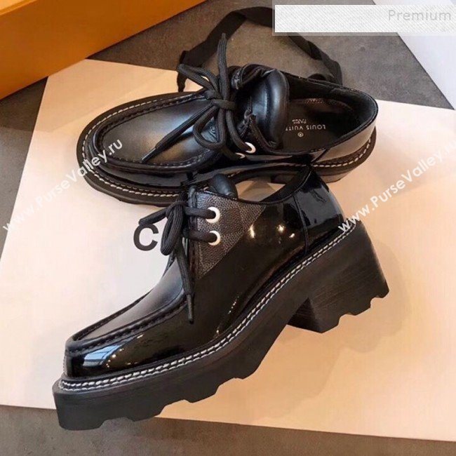 Louis Vuitton LV Beaubourg Patent Leather Platform Derby Lace-up Loafers Black 2019 (EM-9110904)