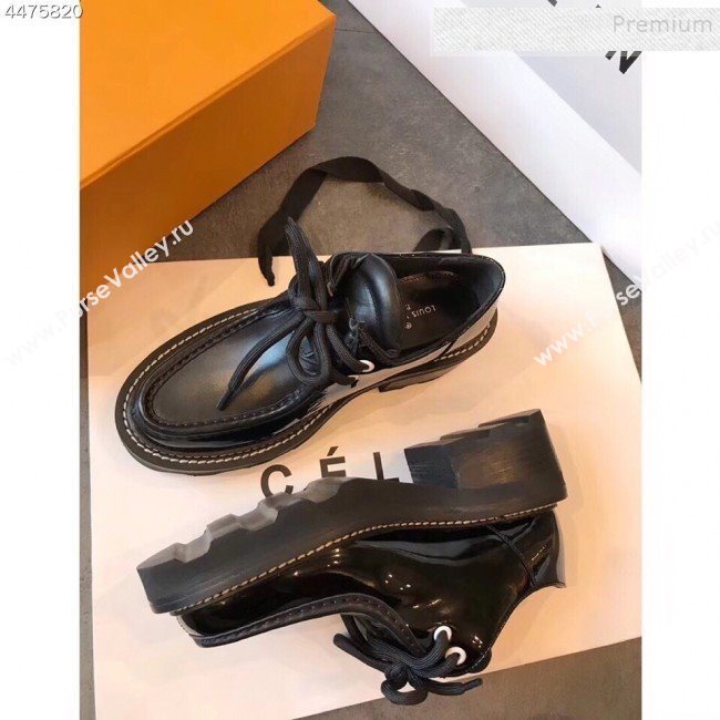 Louis Vuitton LV Beaubourg Patent Leather Platform Derby Lace-up Loafers Black 2019 (EM-9110904)