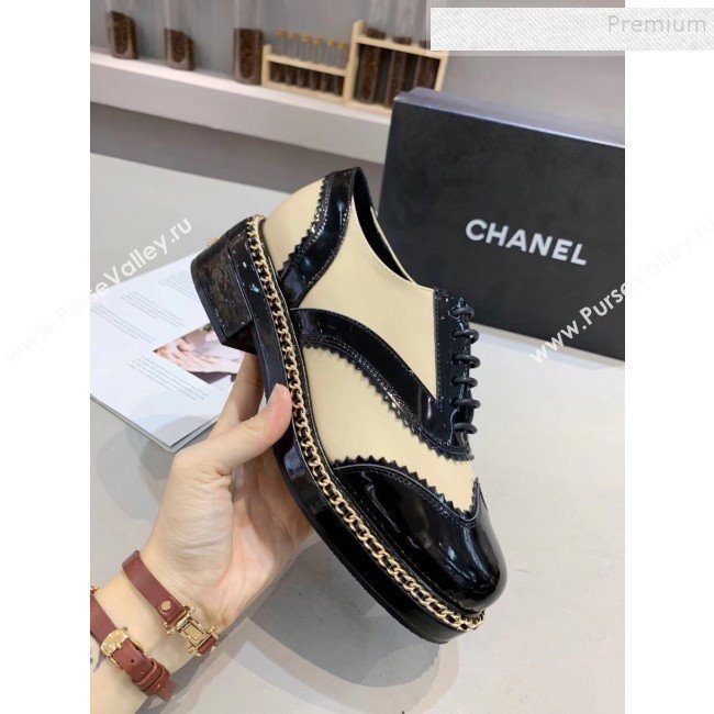 Chanel Calfskin and Patent Leather Chain Lace-Ups Loafers G35316 Apricot 2019 (MD-9110917)