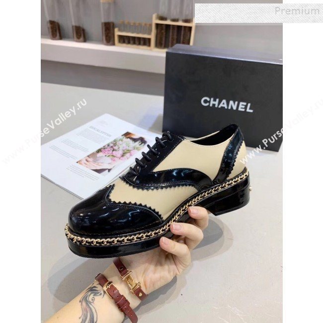 Chanel Calfskin and Patent Leather Chain Lace-Ups Loafers G35316 Apricot 2019 (MD-9110917)