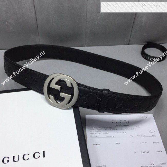 Gucci GG Signature Leather Belt 40mm with Silver Interlocking G Buckle Black  (99-9111340)