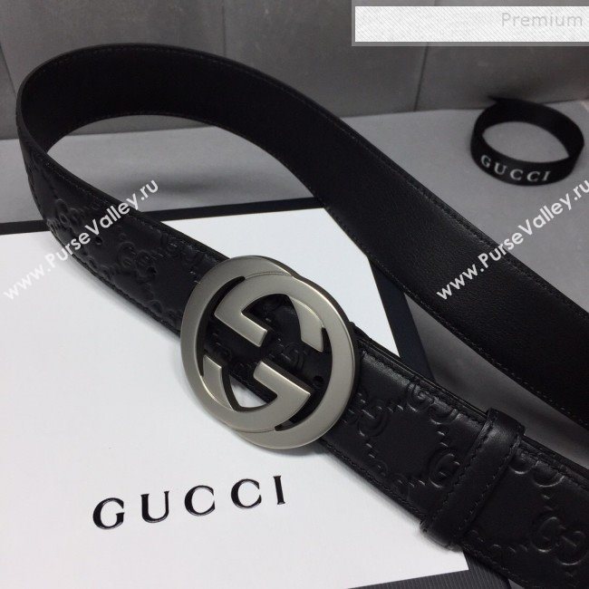 Gucci GG Signature Leather Belt 40mm with Silver Interlocking G Buckle Black  (99-9111340)