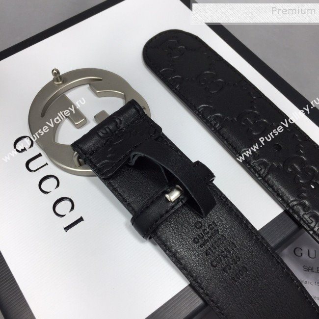 Gucci GG Signature Leather Belt 40mm with Silver Interlocking G Buckle Black  (99-9111340)