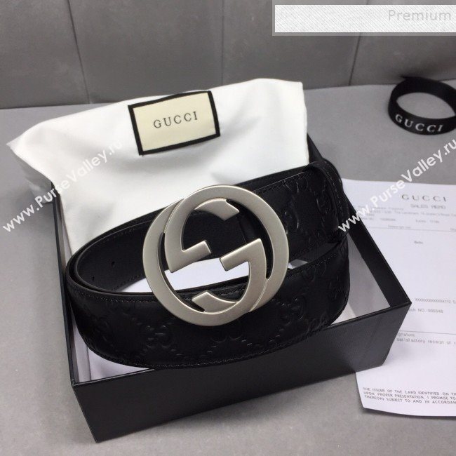 Gucci GG Signature Leather Belt 40mm with Silver Interlocking G Buckle Black  (99-9111340)