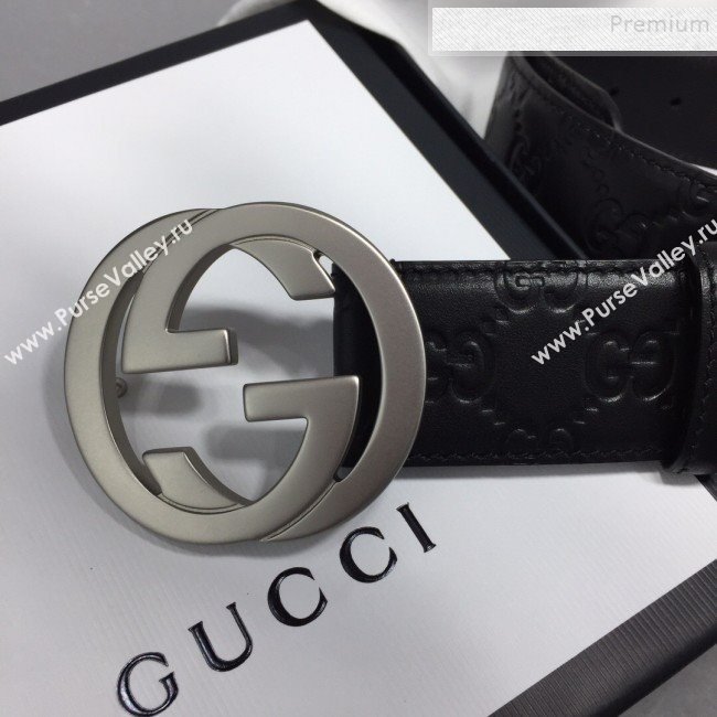 Gucci GG Signature Leather Belt 40mm with Silver Interlocking G Buckle Black  (99-9111340)