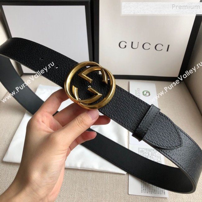 Gucci Grained Leather Belt 38mm with Interlocking G Buckle Black/Gold   (99-9111337)