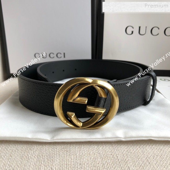 Gucci Grained Leather Belt 38mm with Interlocking G Buckle Black/Gold   (99-9111337)