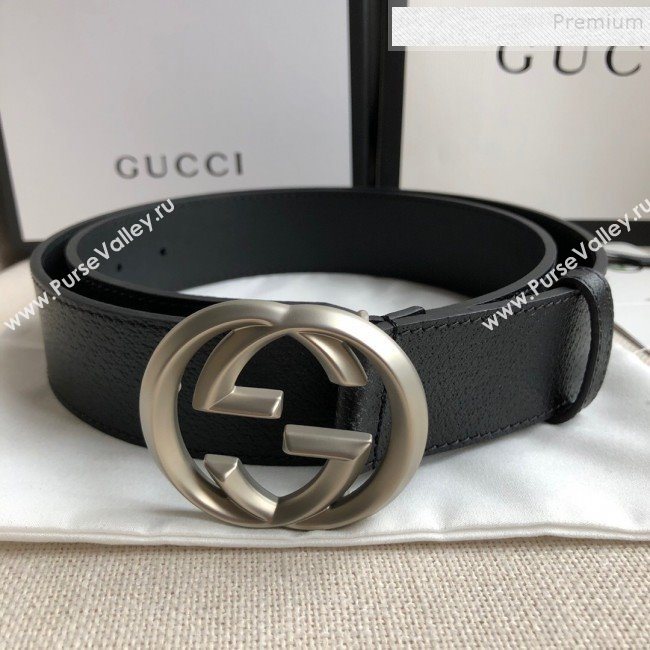 Gucci Grained Leather Belt 38mm with Interlocking G Buckle Black/Silver (99-9111338)