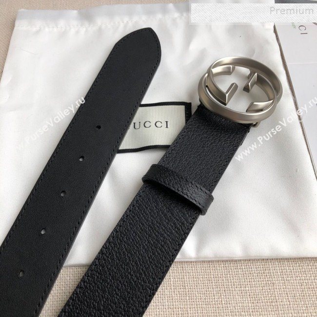 Gucci Grained Leather Belt 38mm with Interlocking G Buckle Black/Silver (99-9111338)