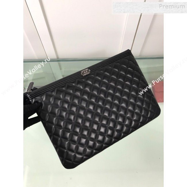 Chanel Quiltted Lambskin Large Boy Pouch A84407 Black/Silver 2019 (HOT-9111413)