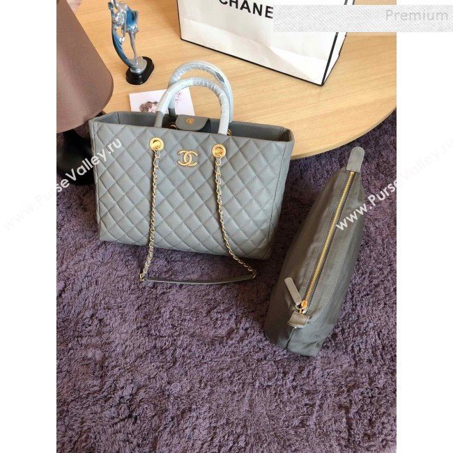 Chanel Quilted Grained Calfskin Large Shopping Bag Light Gray 2019 (FM-9111417)