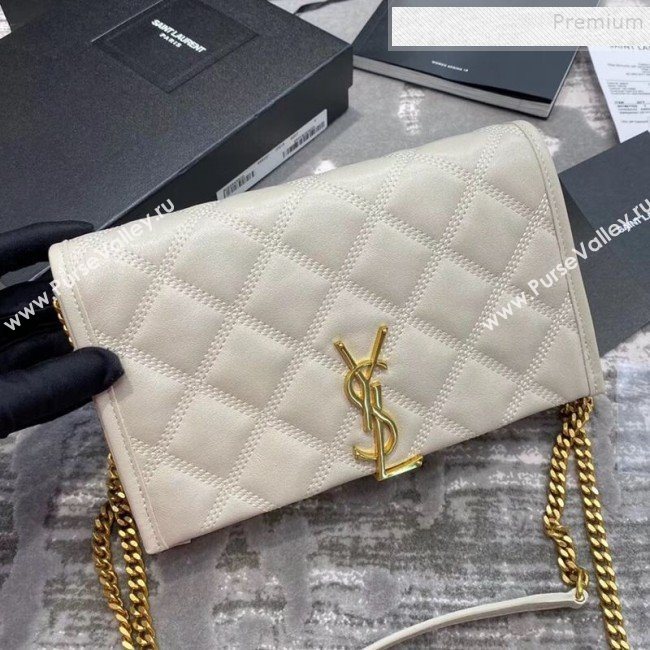 Saint Laurent Becky Chain Wallet WOC in Diamond-Quilted Lambskin  585031 White 2019 (JD-9111432)