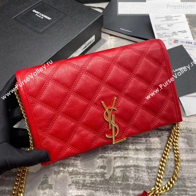 Saint Laurent Becky Chain Wallet WOC in Diamond-Quilted Lambskin  585031 Red 2019 (JD-9111434)