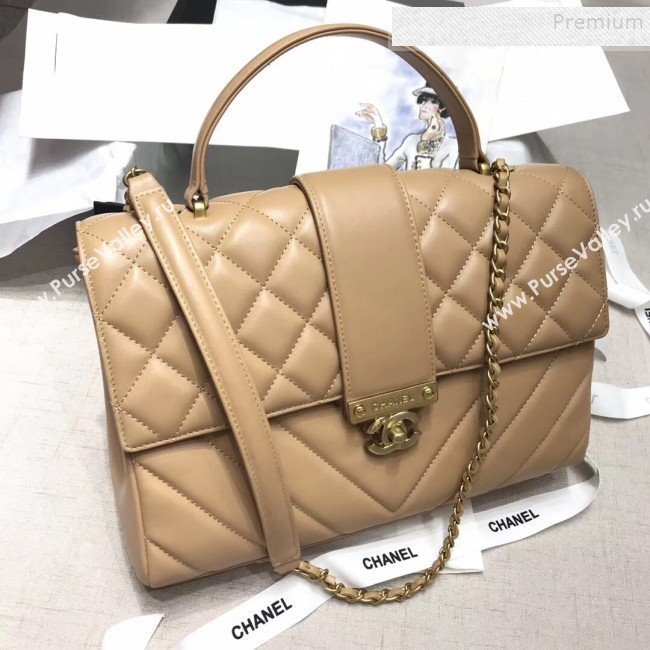 Chanel Quilted and Chevron Calfskin Large Flap Bag with Top Handle AS0712 Beige 2019 (JIYUAN-9111808)