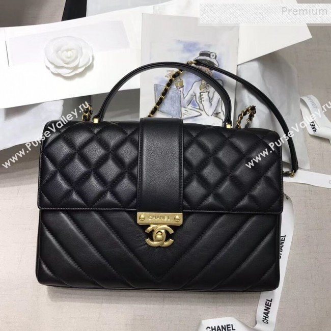 Chanel Quilted and Chevron Calfskin Large Flap Bag with Top Handle AS0712 Black 2019 (JIYUAN-9111807)